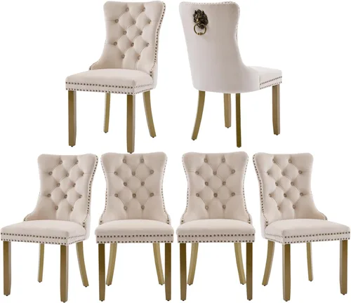 Miniatura 95 de Juego de 2 sillas de comedor de terciopelo, silla de comedor tapizada de alta gama con tirador de anillo en la espalda, adorno de clavos y patas