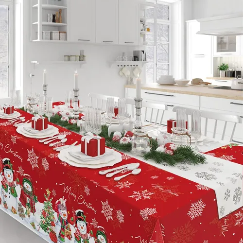 Miniatura 7 de FunnyPars 3 piezas manteles de muñeco de nieve navideños de plástico, cubierta de mesa de invierno con copos de nieve y árbol de Navidad