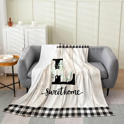 Miniatura 24 de Erosebridal Flower Initial S Flannel Blanket White Floral Flowers Fleece Blanket,40"X50",Personalized Letters Fuzzy Plush Throw for Sofa Beige Negro