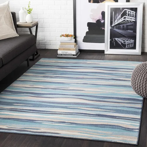 Hauteloom Basco - Tapete moderno de rayas onduladas para la sala o el dormitorio, color azul, gris y beige, de 3 pies y 11 pulgadas x 5 pies y 7