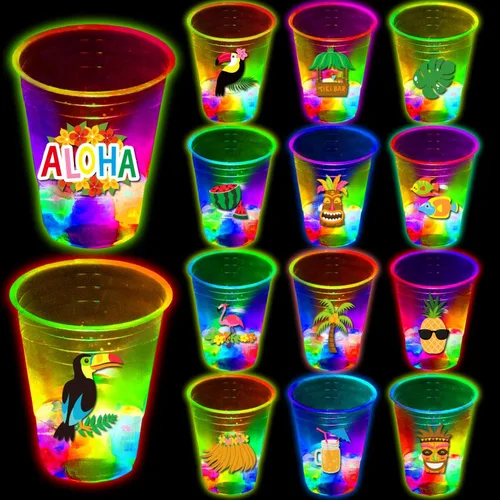 mishunyus 24 tazas de fiesta hawaianas Luau brillantes, tazas de fiesta Tiki intermitentes, decoraciones tropicales para fiestas hawaianas (16 onzas)