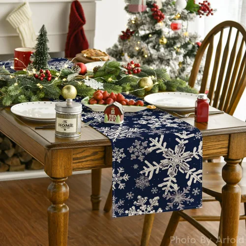 Miniatura 2 de Artoid Mode Camino de mesa de Navidad con copos de nieve azul marino, decoración de mesa de comedor para vacaciones de invierno, para decoración