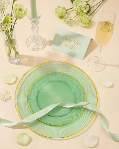 Miniatura 4 de Hioasis 60 platos de plástico verde y dorado, juego de vajilla desechable verde, 30 piezas de cena de 10.25 pulgadas y 30 platos de postre de 7.5