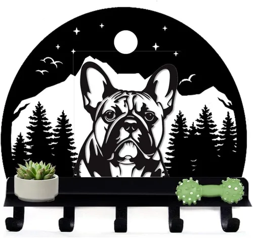 Gancho de pared de bulldog francés con bandeja, correa y gancho para abrigo, regalo para amantes de los franceses, gancho y bandeja para estante de