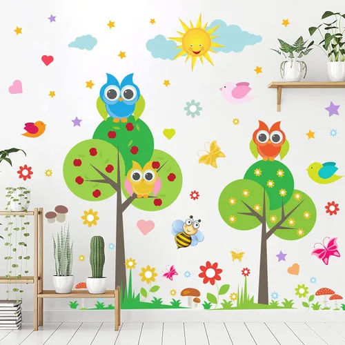 Miniatura 6 de Calcomanía de pared de animales para niños, diseño de flores, pájaros, mariposas, bricolaje, extraíble, despegar y pegar, decoración de árbol verde