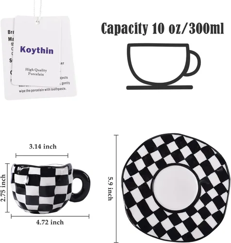 Miniatura 2 de Koythin - Taza de café de cerámica, taza de diseño a cuadros negros y blancos con platillo para oficina y hogar, apta para lavavajillas