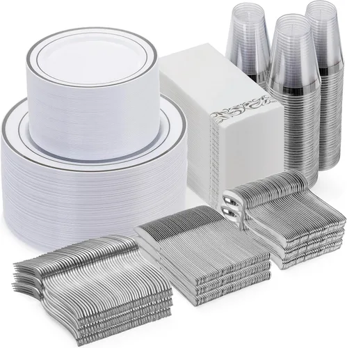 Goodluck - Juego de vajilla plateada de 700 piezas para 100 invitados, platos de plástico desechables para fiestas, incluye: 100 platos llanos, 100