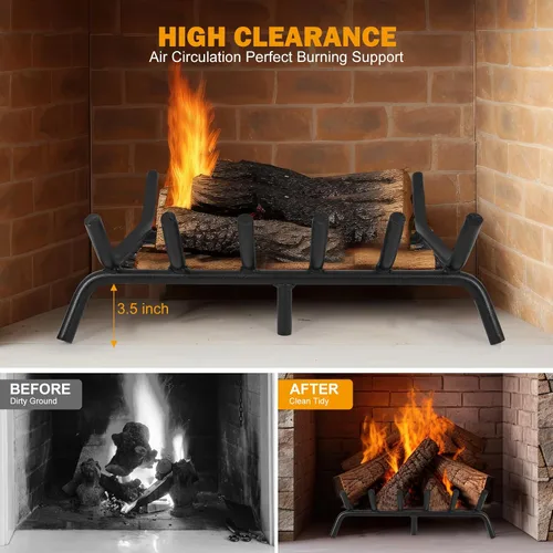 Miniatura 5 de Rejilla de chimenea de 20 pulgadas con retenedor de brasas Rejilla de leña para chimenea con acero redondo sólido resistente de 3/4” de barra