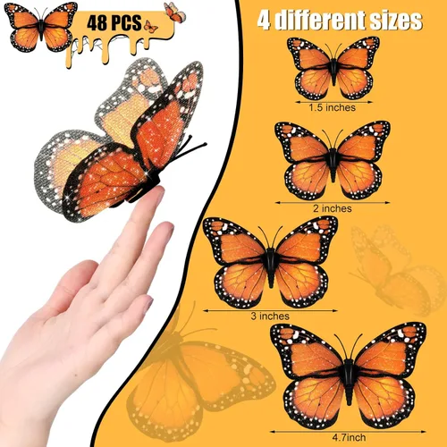 Miniatura 2 de 48 piezas de 4 tamaños de decoraciones de mariposa monarca falsas, calcomanías 3D magnéticas falsas para otoño, Halloween, día de los muertos