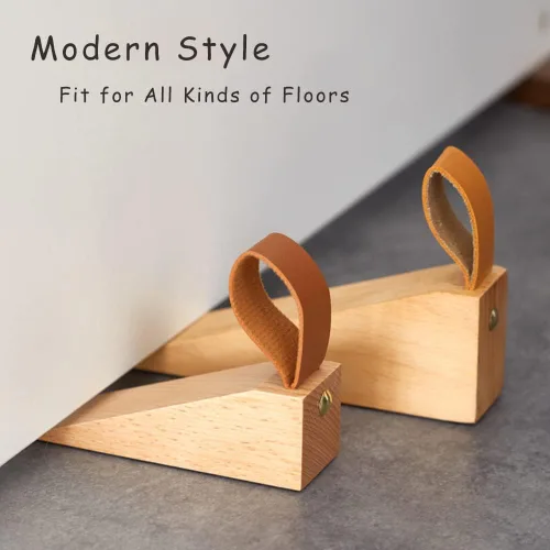 Miniatura 3 de Paquete de 2 topes grandes de madera para puerta, antideslizantes, de seguridad, con correa de cuero para colgar tope de puerta, en casa