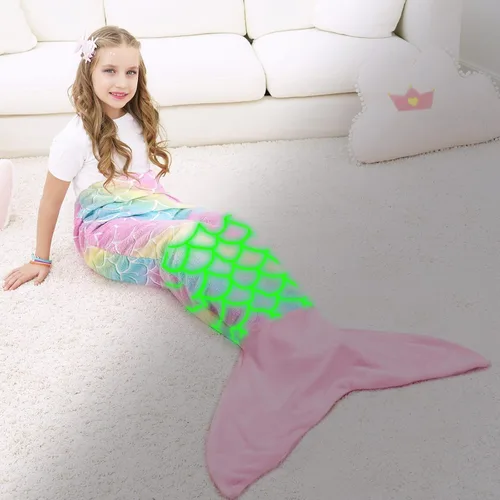 Miniatura 10 de WERNNSAI Manta de Cola de Sirena para Niños - Manta Ponible de Sirena que Brilla en la Oscuridad para Niñas de Invierno Franela Suave con Escamas