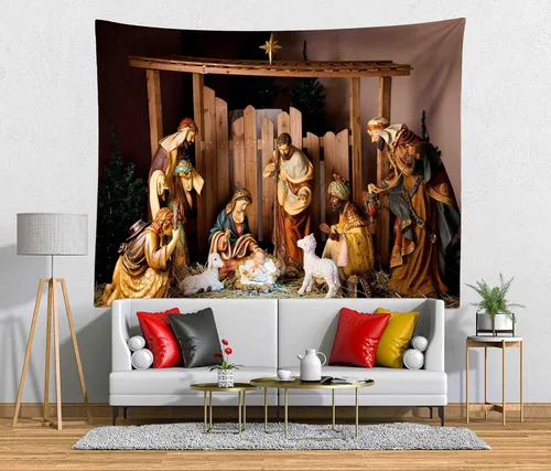 Miniatura 2 de Loccor Tapiz de escena del Nacimiento de Navidad, escena del pesebre, figuras de Jesús, Virgen María, tapiz para colgar en la pared, arte de pared