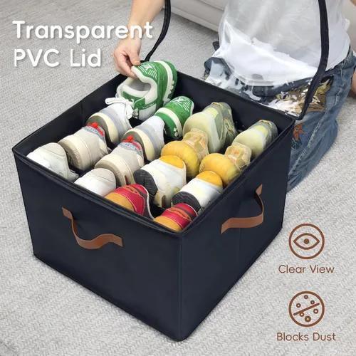 Miniatura 5 de Caja organizadora de zapatos, paquete de 2, organizador de almacenamiento de zapatos con cubierta transparente, divisores ajustables para 16-32