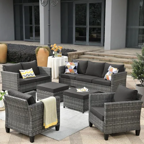 Miniatura 54 de ovios Juego de muebles de patio de 6 piezas, sillas giratorias de mimbre para exteriores con mesa para fogatas de 30 pulgadas, juego de mecedoras