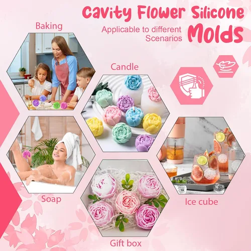 Miniatura 5 de Moldes de silicona para 7 cavidades, moldes para velas de flores de rosas, molde de fondant de peonía para gelatina, chocolate, mousse, decoración