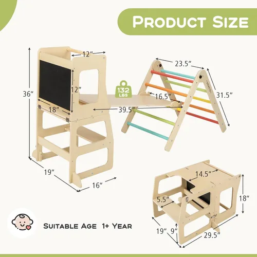 Miniatura 7 de Olakids Juego de triángulo Pikler 8 en 1 juguetes de escalada para niños pequeños Gimnasio de la jungla Montessori de madera plegable con torre