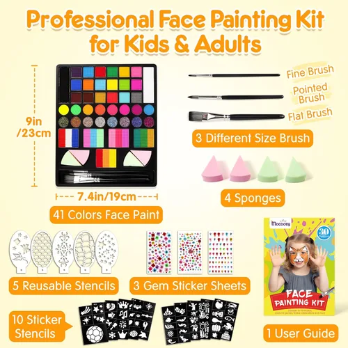 Miniatura 2 de Mocoosy Kit de pintura facial de 41 colores para niños, paleta de pintura facial no tóxica activada por agua con plantilla, pinceles, gema, kit