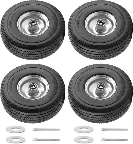 BIEAMA Paquete de 4 neumáticos y ruedas de PU sólido de 10", neumático y rueda 4.10/3.50-4 libres de pinchazos, ruedas de repuesto para carrito de