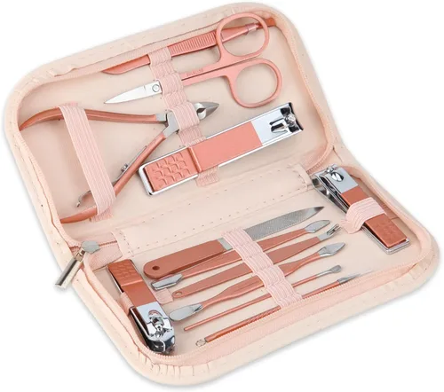 Juego portátil de cortaúñas y herramientas de belleza, juego de manicura de oro rosa, 12 en 1. | Bolsa de cuero rosa martensítica, adecuada para el