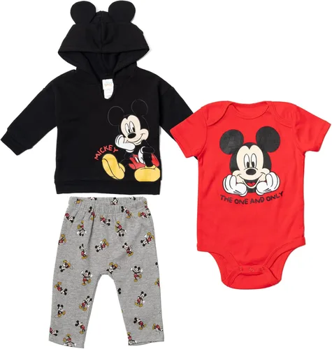 Disney Classics Mickey Mouse Winnie the Pooh Baby Hoodie Bodysuit and Pants 3 Piece Outfit Set Newborn to Infant
