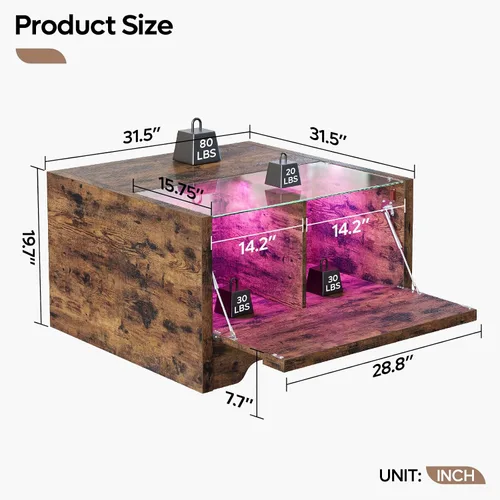 Miniatura 2 de Bestier Mesa de centro de granja de 31.5 pulgadas con almacenamiento, mesas de centro cuadradas LED para sala de estar, mesa central de madera