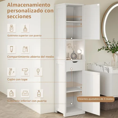 Miniatura 5 de Shintenchi Armario de almacenamiento alto para baño, gabinete de piso delgado de esquina con puertas y cajón, organizador de baño estrecho Blanco