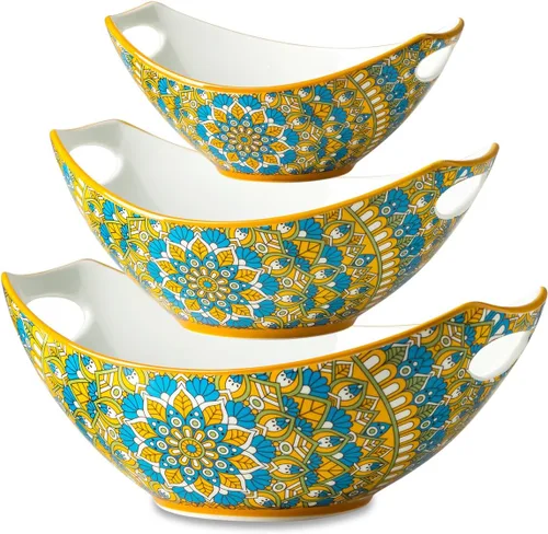 Miniatura 8 de LAUCHUH Tazones para servir con asas, platos de porcelana bohemia para entretener coloridos cuencos anidables para ensalada para cocina, fiesta