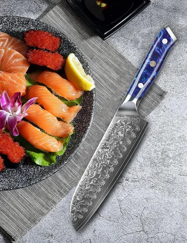Miniatura 5 de Cuchillo Santoku - 17,78 cm - Serie Xuan - Cuchillo de cocina de acero VG10 Damasco - Mango de resina (Azul zafiro)