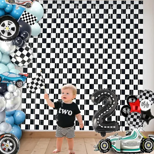 Miniatura 3 de Paquete de 2 telones de fondo de auto de carreras, decoraciones de fiesta de cumpleaños de autos de carreras, fondo a cuadros en blanco y negro