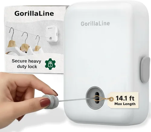 Miniatura 17 de GorillaLine Tendedero retráctil, para interiores y exteriores, línea de ropa resistente montada en la pared, estante de secado que ahorra espacio