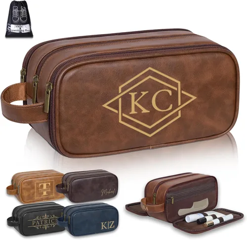 Miniatura 9 de Bolsa de aseo personalizada para hombre, kit dopp de gran capacidad con iniciales de nombre personalizado de cuero PU, regalo para padrinos, bolsa
