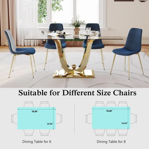 Miniatura 4 de Mesa de comedor de vidrio de 70 pulgadas para 4-8 personas, parte superior de vidrio templado y base de acero inoxidable en U dorada, escritorio