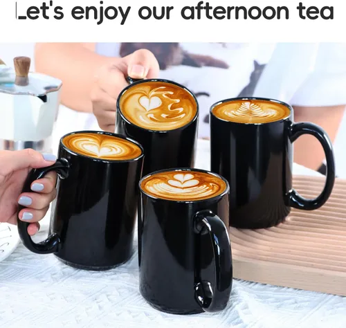 Miniatura 2 de Tazas de café de 16 onzas, taza clásica de cerámica en blanco con mango grande para café con leche y capuchino, juego de 4, color negro