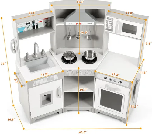 Miniatura 2 de JOYLDIAS Cocina de juego para niños, esquina de madera con luces y sonidos realistas, horno microondas, dispensador de agua, teléfono, fregadero