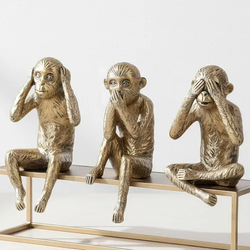Juego de estatuas de 3 monos sabios, figuras de See Hear Speak No Evil, estantes de resina dorada antigua, decoración de animales sentados en el