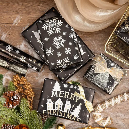 Miniatura 5 de RUSPEPA Juego de papel de regalo de Navidad negro y dorado, mini rollo, papel de regalo navideño con lámina dorada con árbol, copo de nieve y diseño