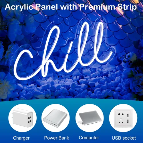 Miniatura 6 de Wanxing Letrero de neón Chill de neón azul para pared, de 14 x 7 pulgadas, luces LED para decoración de pared, luz de neón para dormitorio