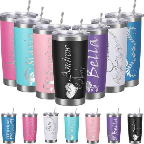 Miniatura 8 de Vasos personalizados con tapa y pajita, vaso aislado personalizado grabado con nombre, vaso de café de acero inoxidable, regalos para hombres y Negro