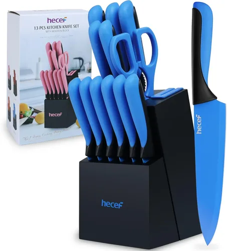 hecef Juego de cuchillos de cocina de 13 piezas con bloque de madera para afilar integrado, juego de bloques de cuchillos de acero inoxidable de