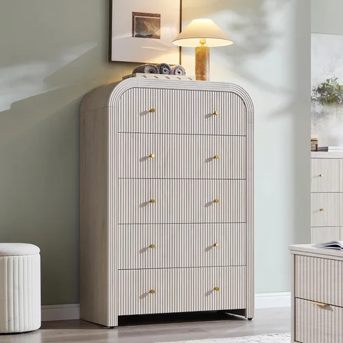 Miniatura 12 de T4TREAM Cómoda acanalada con 3 cajones, cómoda moderna de 32 pulgadas de alto con diseño de perfil curvado grueso, organizador de almacenamiento