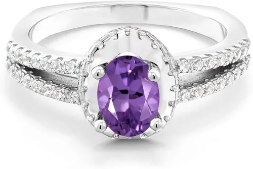 Gem Stone King Anillo de plata de ley 925 con amatista púrpura para mujer (1.25 quilates, piedra natal ovalada disponible en tallas 5, 6, 7, 8, 9),