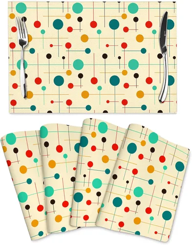 Juego de 4 manteles individuales modernos de mediados de siglo, lavables, color amarillo, retro, para cocina, mesa de comedor, exteriores, Floral