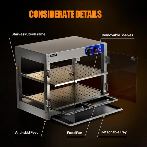 Miniatura 4 de ROVSUN Calentador de Alimentos de 2 Niveles, Calentador de Pizza, Calentador de Alimentos Comercial con Iluminación LED, Estantes Desmontables