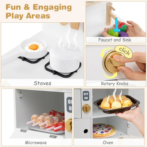 Miniatura 4 de Costzon Juego de cocina para niños, cocina con estufas, grifo, fregadero, microondas, gabinete, horno y accesorios de cocina, cocina de madera