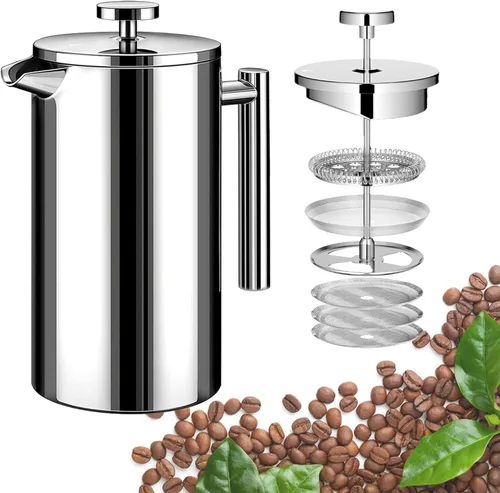 Miniatura 8 de Cafetera de Prensa Francesa de Acero Inoxidable Negro, Prensa Francesa Aislada de Doble Pared, para Café y Té, con 3 Pantallas Extra y una Cuchara