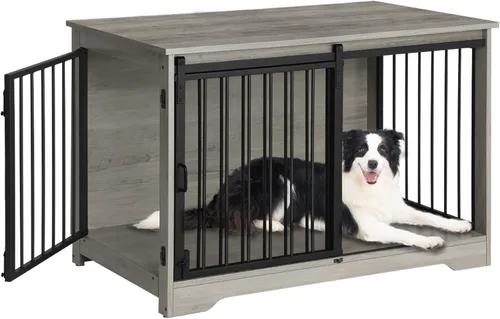 Miniatura 26 de Hzuaneri Mueble de jaula para perros de 31.9 pulgadas con puerta de granero, perrera resistente para interiores con 2 puertas, mesa auxiliar