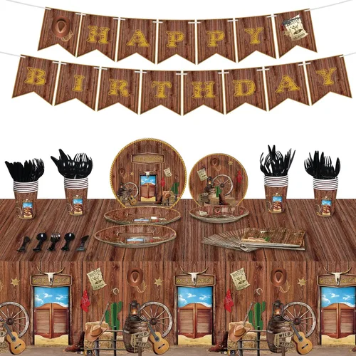 172 piezas de suministros de fiesta occidental sirven 24, incluye mantel de vaquero de feliz cumpleaños, platos y servilletas juego de vajilla para