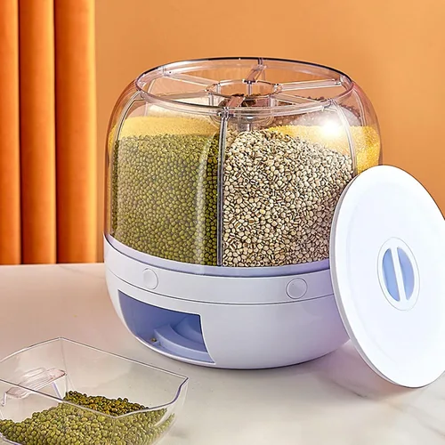 Miniatura 9 de Dispensador de arroz, dispensador de cereales giratorio 360, tanque de cereales de 6 rejillas, caja de almacenamiento redonda giratoria para granos