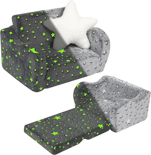 Miniatura 13 de MOMCAYWEX Sofá para bebé, 2 en 1, sofá suave para niños plegable con almohada de estrellas, sofá plegable para convertir en sofá cama, extra ancho