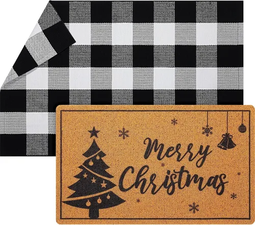 Miniatura 8 de Geelin 2 Tapetes de Puerta de Navidad, Felpudo Delantero Navideño a Cuadros Buffalo Blanco y Negro, Alfombra Decorativa de Árbol de Navidad
